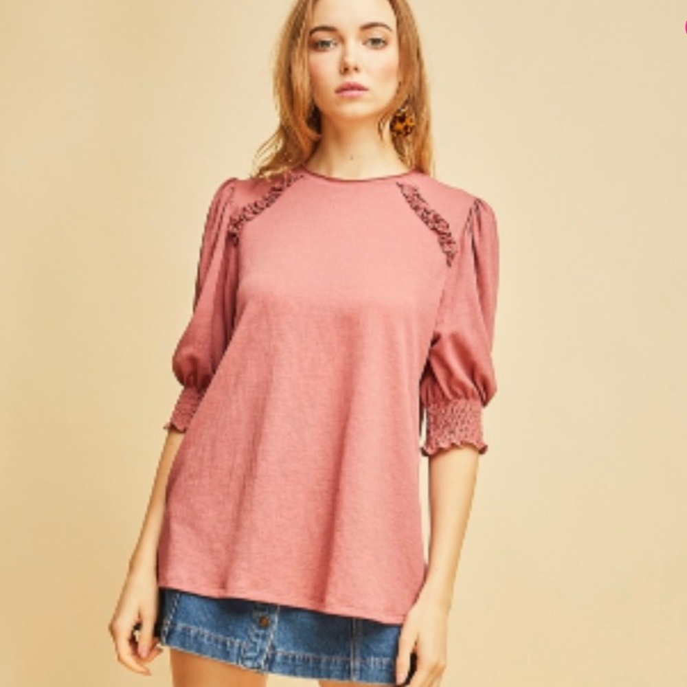SOLD OUT Smocked sleeve top w ruffle detail in dark blush